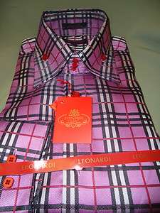 Mens Leonardi Bright Pink & Black Plaid Tartan Checkered High Collar 