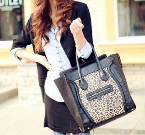 Fashion Womans Black&Leopard PU Leather Handbag Zipper Closure Totes 