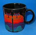 Laurel Burch Black Ceramic Coffee Mug Rainbow Cats Gold Trim Made in 
