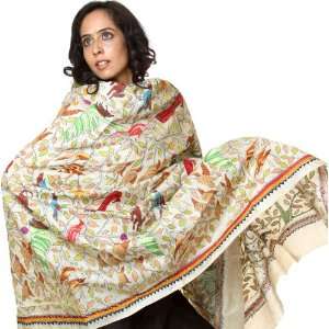 Off White Shawl with Kantha Stitch Embroidered Birds by Hand   Pure 