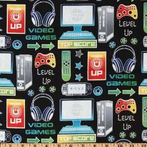  44 Wide Techno Kids Video Games Black Fabric By The Yard 