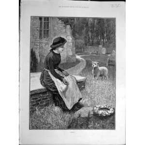  1886 Orphans Lamb Sheep Child Girl Grave Fine Art