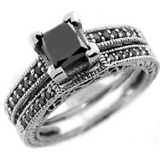 Gorgeous 1.96ct Princess Cut Black Diamond Engagement Ring Set 14k 