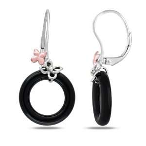 10k White and Rose Gold, Diamond and Black Onyx Plated Earrings, (.02 