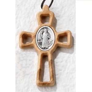 Saint Benedict Natural Wood Cross with Silver Medallion   2 Height 