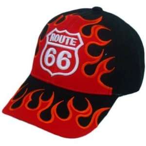  HAT CAP ROUTE 66 SIXTY SIX FIRE FLAMES BLACK RED VELCRO 