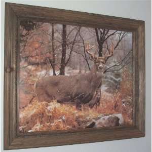 Buck Deer in Snowfall Poster Print in Pine Wood Frame