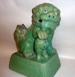   of Large 17” Green Glaze on Red Clay Chinese Pottery Foo Dogs  