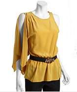 BCBGMAXAZRIA cumin silk one sleeve belted blouse style# 318644301