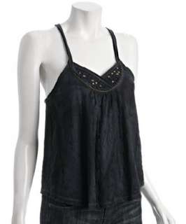 Free People navy embroidered cotton beaded tie back top   up 