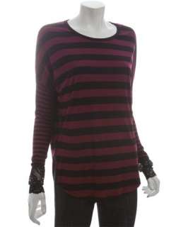 Wyatt wine striped jersey lace cuff long sleeve top