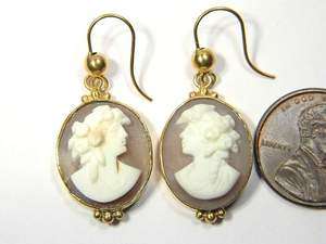 ANTIQUE GOLD CARVED SHELL CAMEO DROP EARRINGS c1880  