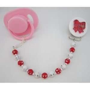  Baby Red Bow Mini Beads Pacifier Clip Baby
