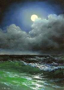   ACEO PRINT Rough Seas Pic SEASCAPE Mediterranean Night Moon Sea  