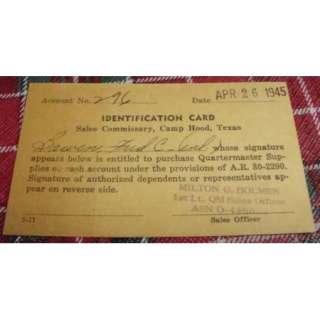 1945 Identifcation Card ID Card CAMP HOOD TEXAS WW II  