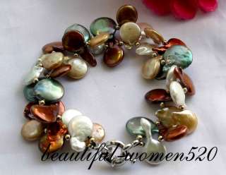 2row 8 12mm coin coffee green gold freshwater pearl bracelet