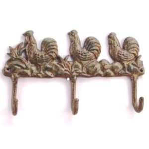    Antiqued Cast Iron Roosters Triple Hooks Wall Decor
