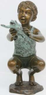BOY PLAYING HOLDING FROG FOUNTAIN BRONZE SCULPTURE  