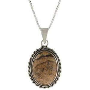 Genuine Picture Jasper Stone Twisted Sterling Silver Border Oval 