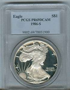 1986 S Proof Silver Eagle   PCGS PR69 PF69   ASE  