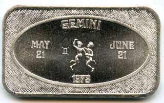 Gemini .999 Silver Art Bar   1973 Birthday Zodiac Ingot   1 oz  
