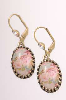 Michal Negrin Authentic Vintage Rose Print Dangling Earrings w Red 