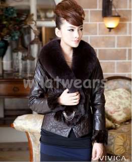   Real Fox Fur Collar Sheep Leather Coat/Jacket 4 size Brown P73  