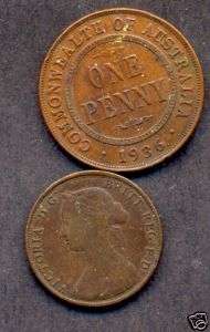 UK 1/2 PENNY COIN,,1861+AUSTRALIA 1PENNY1936 COOPER VF  
