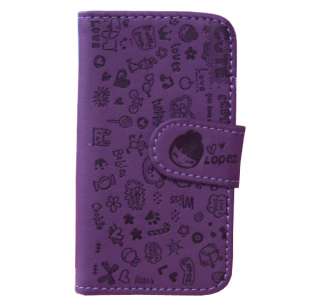 Purple Girl Heart Happy Leather Pouch Flip Case Cover Skin For iPhone 