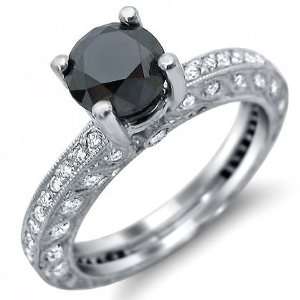   Black Round Diamond Engagement Ring Vintage 18k White Gold Jewelry