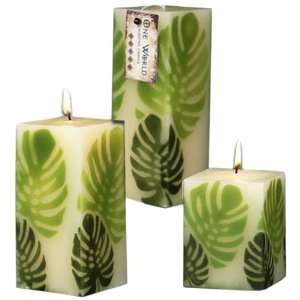   One World Collection 3 Inch x 8 Inch Square Palm Inlaid Pillar Candle