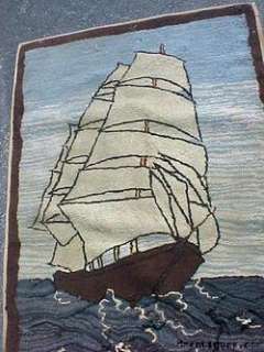 Primitive Hooked Rug Nautical Sailboat Scene 54 x 36  