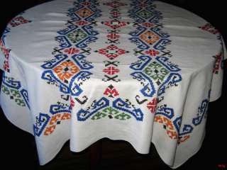 Vtg Cotton Linen Embroidered Cross Stitch Tablecloth 55  