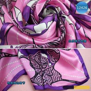 32x32 Silk Square Scarf Women Head Scarves Purple Pink White Flower 