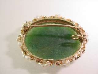 VINTAGE 14K YELLOW GOLD CARVED JADE BROOCH PIN PENDANT  