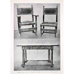 1925 Print Chairs Table Carved Walnut Wood Madrid Spain Renaissance 