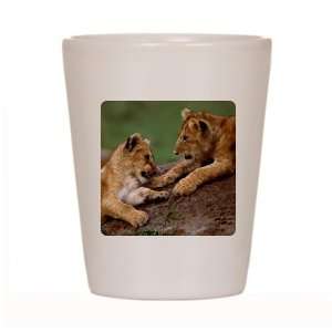  Shot Glass White of Lion Cubs Playing 