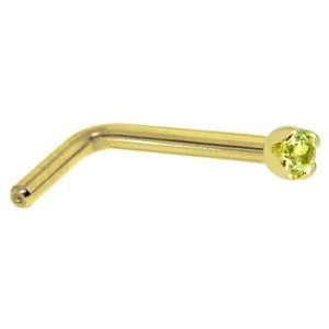 Solid 18KT Yellow Gold (August) 1.5mm Genuine Peridot L Shaped Nose 