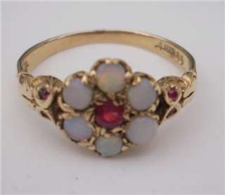 VINTAGE 9ct GOLD OPAL AND RUBY CLUSTER RING  