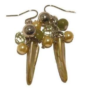   Earrings 03 Green Abalone Dangle Fang Bead Yellow Silver 2 Jewelry