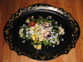 BIG Vtg Hand Painted BLACK CHIPPENDALE Roses TOLE TRAY  