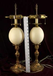 INTERESTING PAIR ANTIQUE GILT BRONZE OSTRICH EGG LAMPS  