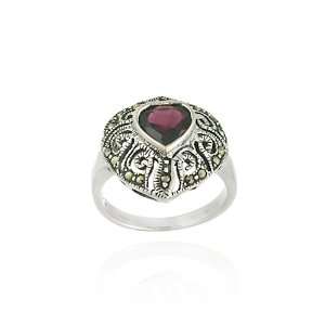  Sterling Silver Marcasite and Garnet Filigree Heart Ring Jewelry