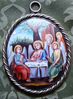 Antique Russian Icon   Hand Painted Enamel  c1880  THREE ANGELS 