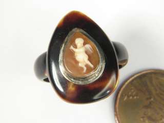   ANTIQUE NATURAL SHELL HAND CARVED CAMEO RING CUPID c1880  