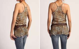 MOGAN Boho Leopard Print Chiffon BLOUSE w/ Leather Belt Sleeveless Top 