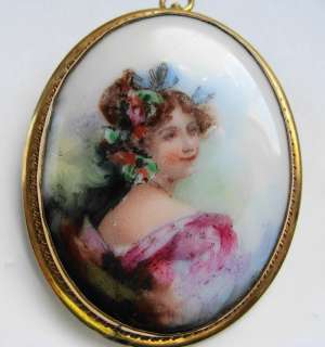 OLD HAND PAINTED PORCELAIN PORTRIAT BROOCH PIN  