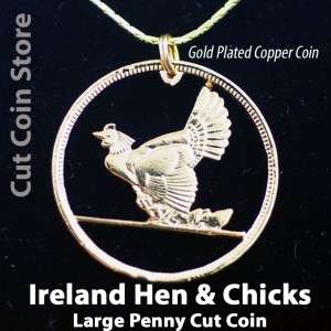   Large Penny Cut Coin Hen & Chicks Pendant Necklace Irish One Cent
