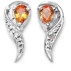 Silver Genuine Orange Sapphire and Diamond Earrings  