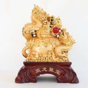  Two Gold Dragon Holding Wealthy Pot 